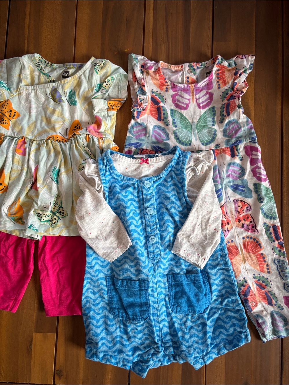 Tea Collection Girls Multicolor Butterfly Dress, Pink Leggings & Blue Romper Set